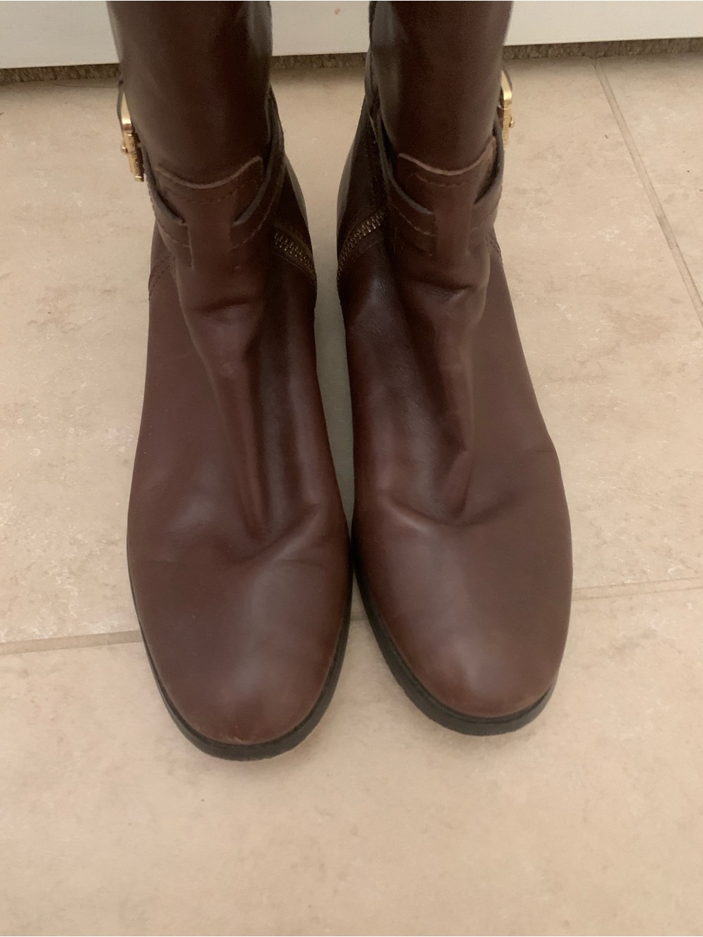 Michael Kors Stockard Brown Leather Tall Riding Boots Gold MK Logo Size 9.5M - Picture 12 of 16